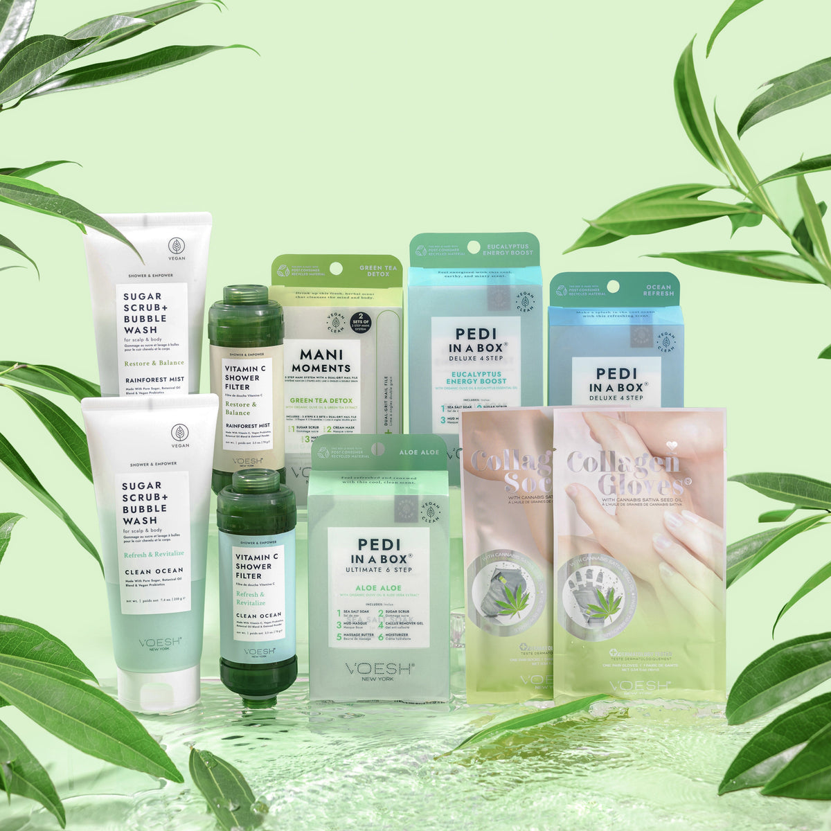 earthy scented voesh products on green background and leaves