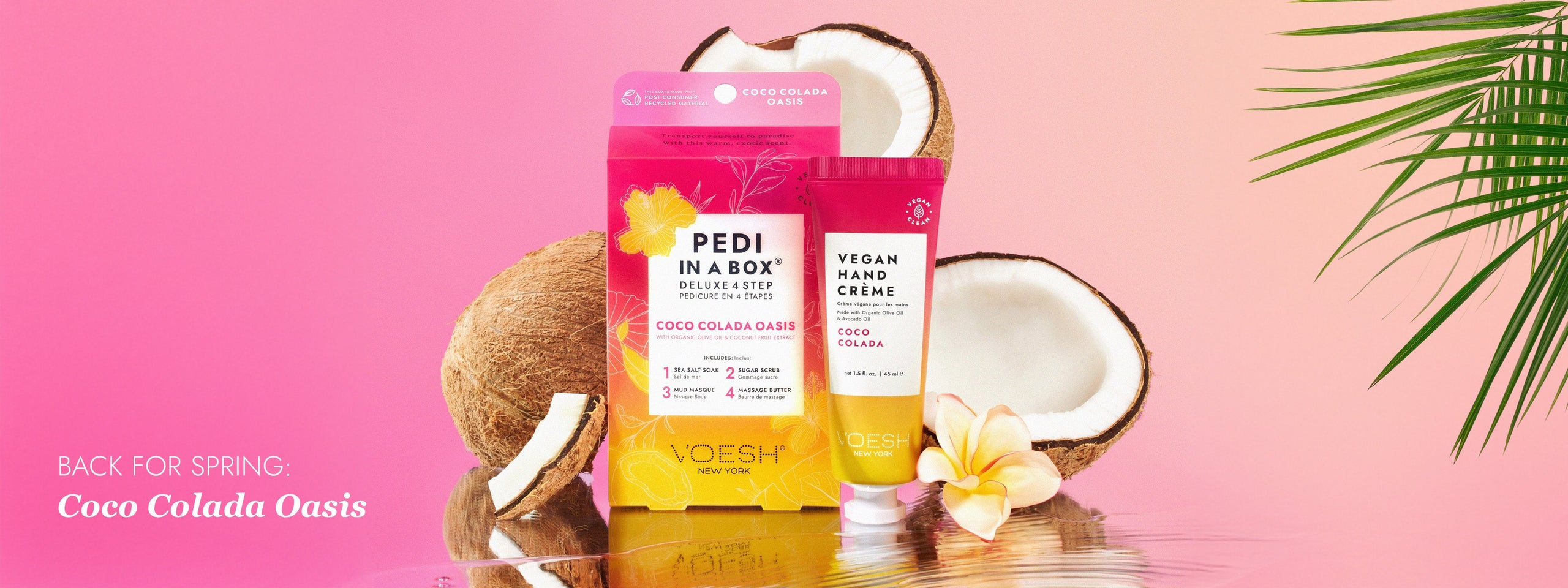 Coco Colada 4 Step Satchet surrounded by Coconuts