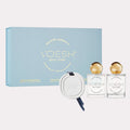 Seaside Serenity Fragrance Set Box, Ceramic Fragrance, Hair & Body Fragrance, and Room & Fabric Fragrance on a white background.