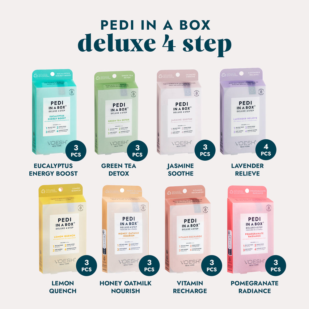 Image of different scents of our Pedi in a Box Deluxe 4 Step pedicure kits.