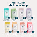Image of different scents of our Pedi in a Box Deluxe 4 Step pedicure kits.