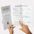 Tri-Fold Salon Menu Pedi in a Box Glimmer 5 Step opened completely with woman's hands holding it