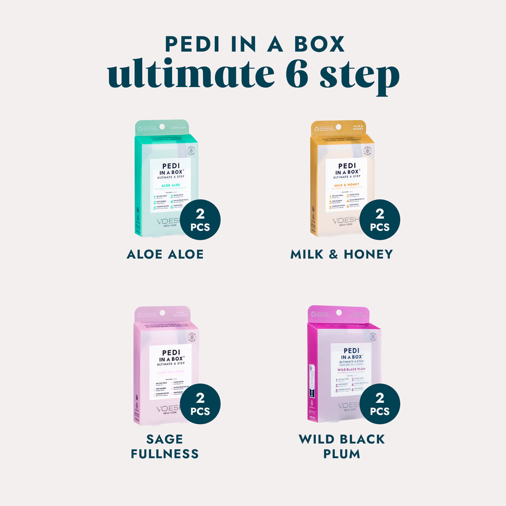 Pedi in a Box Ultimate 6 Step Aloe Aloe, Pedi in a Box Ultimate 6 Step Milk & Honey, Pedi in a Box Ultimate 6 Step Sage Fullness, and Pedi in a Box Ultimate 6 Step Wild Black Plum on a grey background.