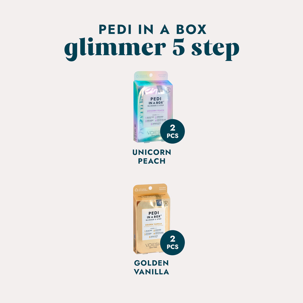 Pedi in a Box Glimmer 5 Step Unicorn Peach and Pedi in a Box Glimmer 5 Step Golden Vanilla on a grey background.