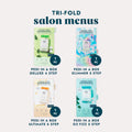 Image of four different tri-fold salon pedicure menus on a grey background.