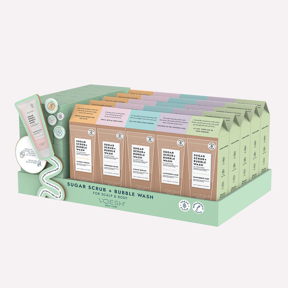 Sugar Scrub + Bubble Wash Display Kit filled with 25 Sugar Scrub + Bubble Washes (5 Lavender Land, 5 Blossom Bliss, 5 Citrus Crush, 5 Clean Ocean, & 5 Rainforest Mist) on a white background.