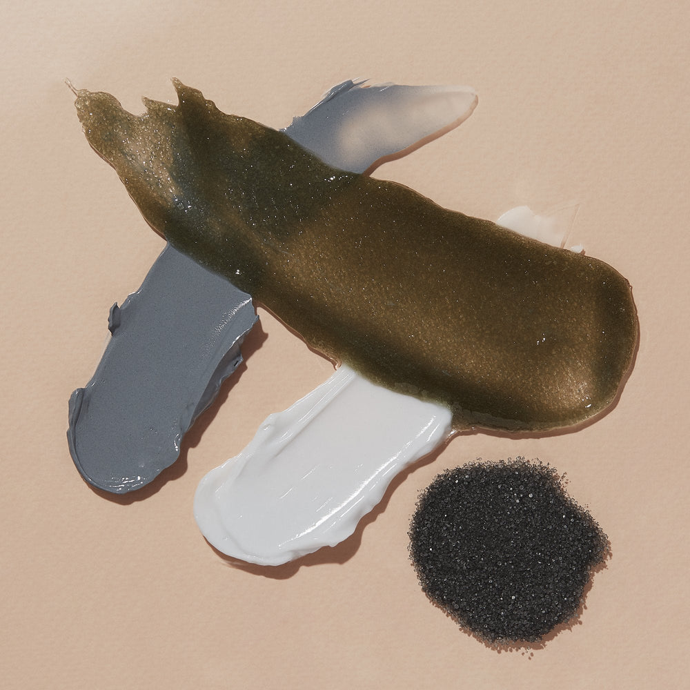 Product texture of Salt, Scrub Mud masque, Massage butter on tan background