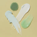 Product texture of Salt, Scrub Mud masque, Massage butter on yelllow background