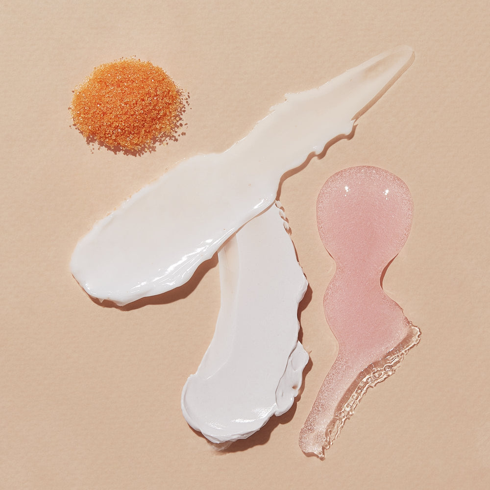 Product texture of Salt, Scrub Mud masque, Massage butter on pink background