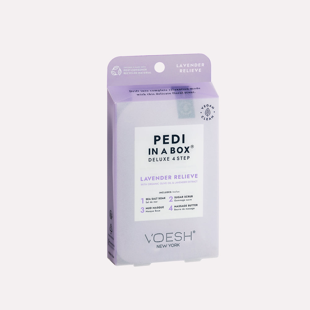 Pedi In a Box 4 Step Lavender Relieve box on gray background