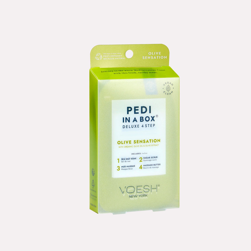 olive sensation pedi in a box 4 step on gray background