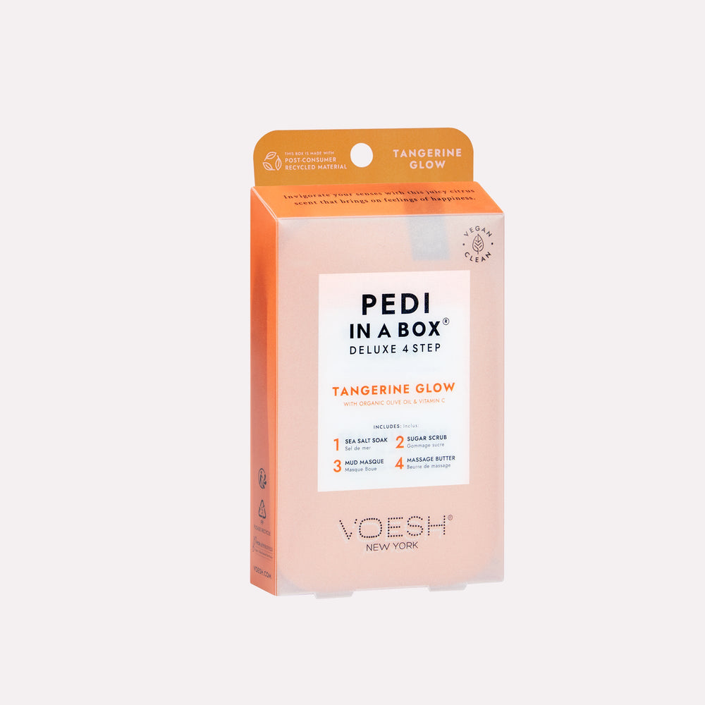 Tangerine Glow pedi in a box 4 step on gray background
