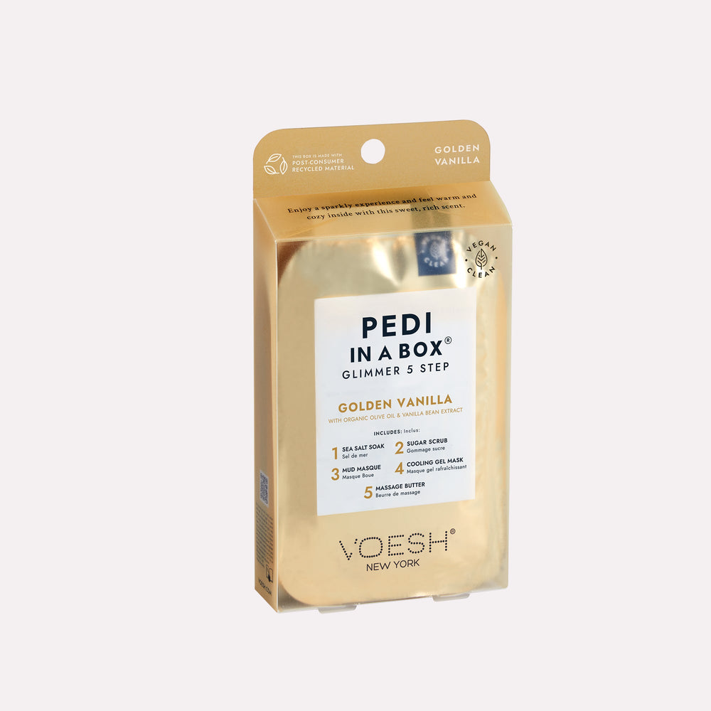 Pedi in a box Glimmer Golden Vanilla on gray background