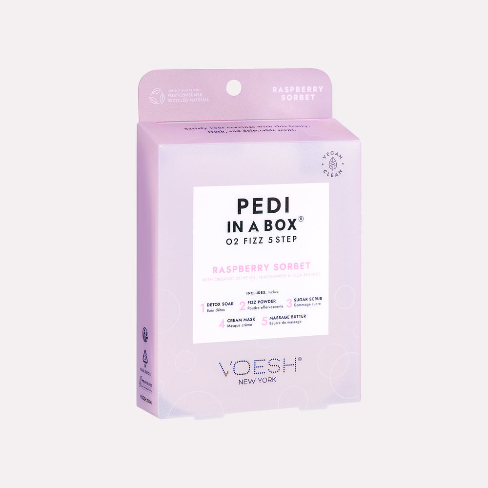 Pedi In a Box O2 Fizz Raspberry Sorbet Box on gray background