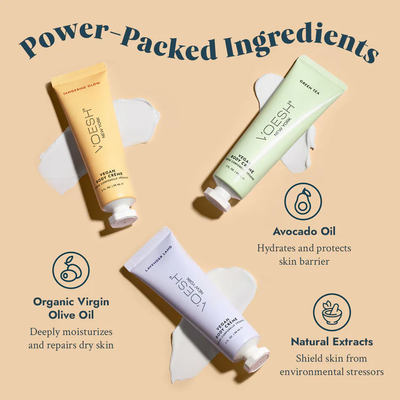 VOESH’s Tangerine Glow, Lavender Land, and Green Tea Vegan Body Crèmes, with ingredient call outs