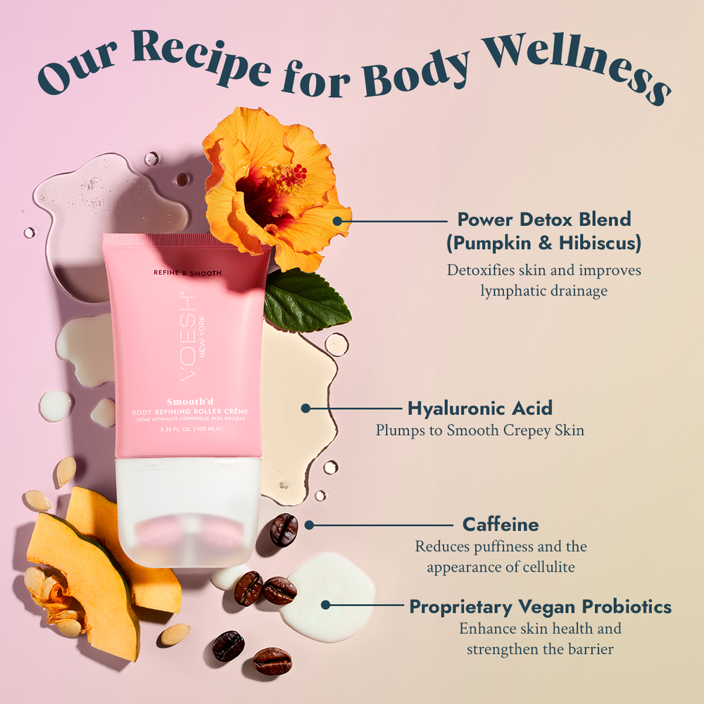 Smooth’d Body Refining Roller Crème surrounded by product ingredients—hibiscus flower, hyaluronic acid, coffee beans, proprietary vegan probiotics, and pumpkin—on a pink ombre background.