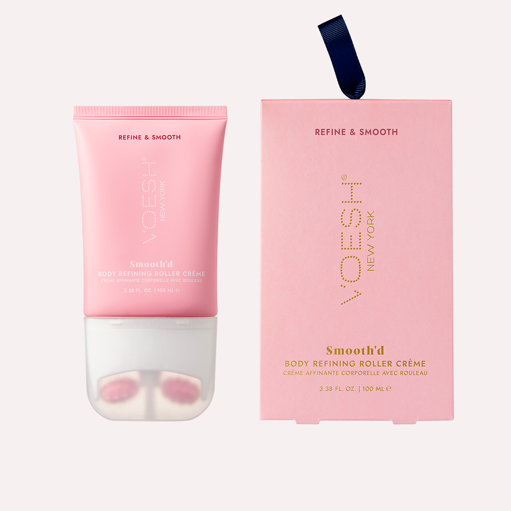 Smooth’d Body Refining Roller Crème next to product packaging on a white background.