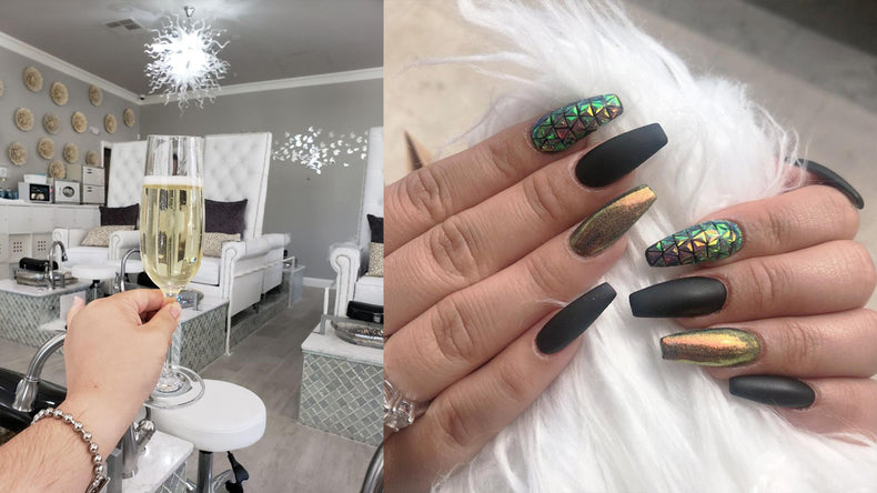 woman showing off nail and champagne at Blush Nail & Beauty Bar