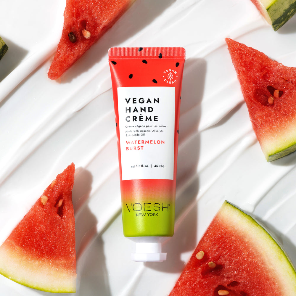 VOESH Vegan Hand Creme with lotion and watermelon slices in the background
