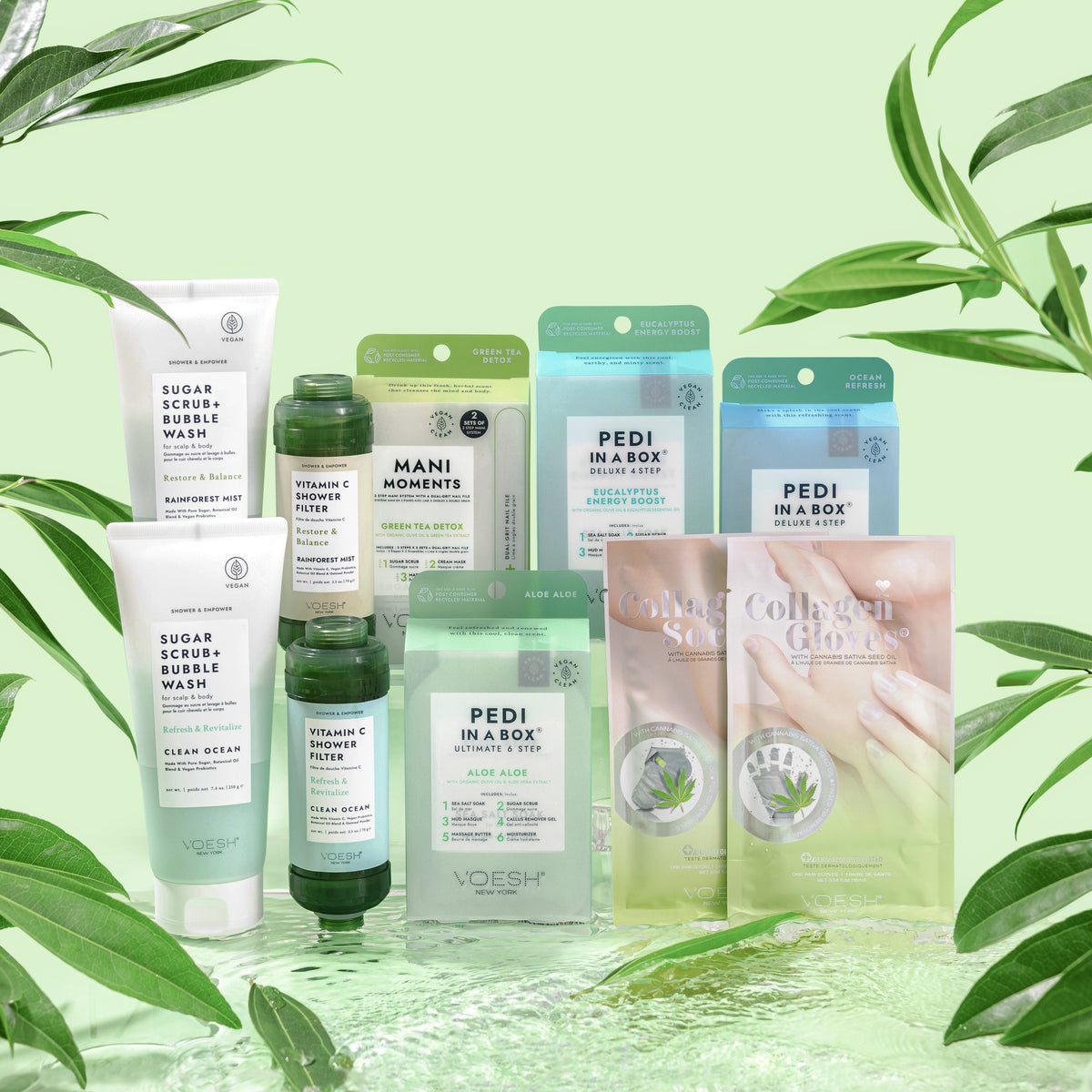 earthy scented voesh products on green background and leaves
