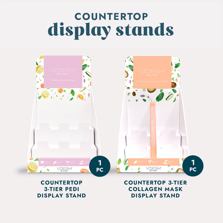 Two Countertop Display Stands, one for pedicure kits and one for collagen treatments, on a grey background.