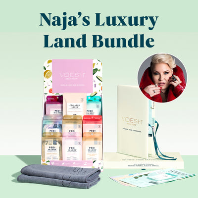 An image of various spa care products included in the Naja’s Luxury Land Bundle.