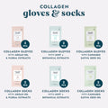 Collagen Gloves with Argan Oil & Floral Extracts, Collagen Gloves with Mint & Botanical Extracts, Collagen Gloves with Cannabis Sativa Seed Oil, Collagen Socks with Argan Oil & Floral Extracts, Collagen Socks with Mint & Botanical Extracts, and Collagen Socks with Cannabis Sativa Seed Oil on a grey background.