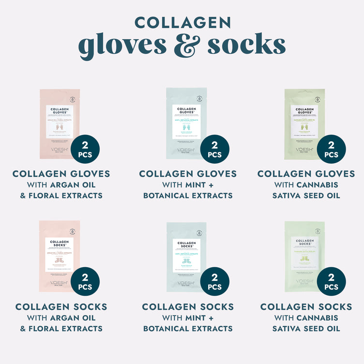 Collagen Gloves with Argan Oil & Floral Extracts, Collagen Gloves with Mint & Botanical Extracts, Collagen Gloves with Cannabis Sativa Seed Oil, Collagen Socks with Argan Oil & Floral Extracts, Collagen Socks with Mint & Botanical Extracts, and Collagen Socks with Cannabis Sativa Seed Oil on a grey background.