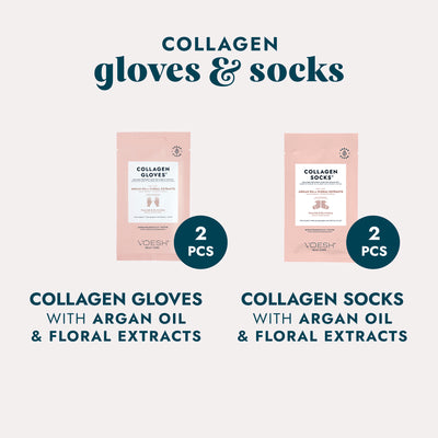 Collagen Gloves & Socks with Argan Oil & Floral Extracts on a grey background.