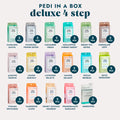 Image of 17 different scents of our Pedi in a Box Deluxe 4 Step pedicure kits.