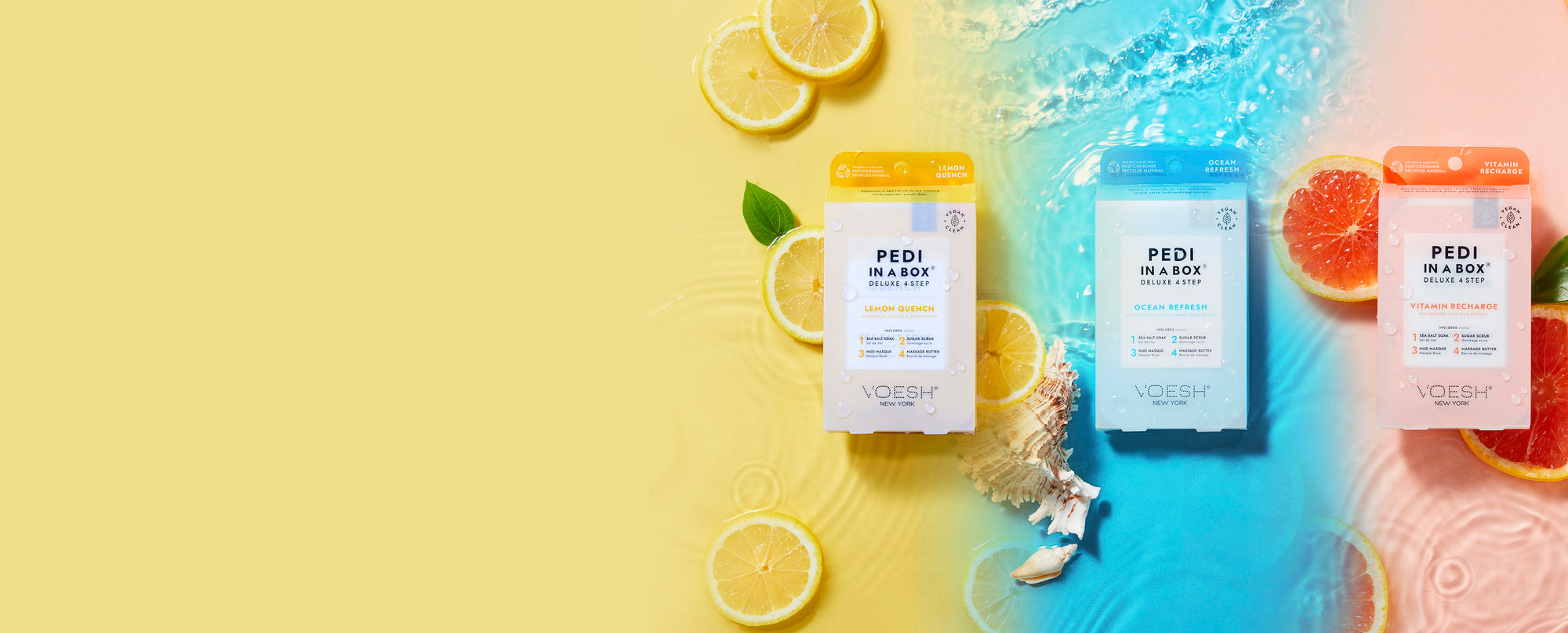 Lemon Quench, Ocean Refresh, and Vitamin Recharge Pedi in a Box Deluxe 4 Step kits next to lemon slices, seashells, and grapefruit slices on a yellow, blue, and orange water background.