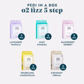 Pedi in a Box O2 Fizz 5 Step Lavender Vanilla, Pedi in a Box O2 Fizz 5 Step Mint Mimosa, Pedi in a Box O2 Fizz 5 Step Sparkling Limoncello, and Pedi in a Box O2 Fizz 5 Step Coconut Cream on a grey background.