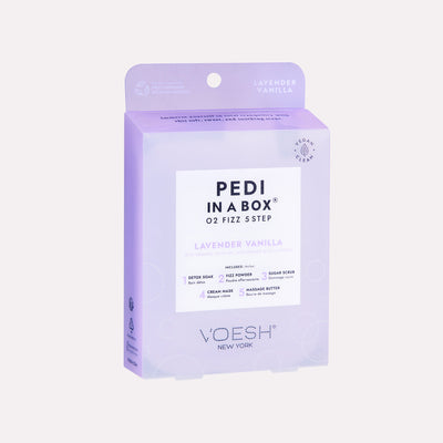 Lavender Vanilla O2 Fizz 5 Step Pedi in a box on gray background