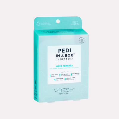 Mint Mimosa Pedi In a Box O2 Fizz 5 Step Box on gray background