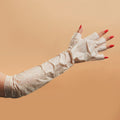 Women arm wearing Youth Therapy Elbow High Gloves finger tip removed