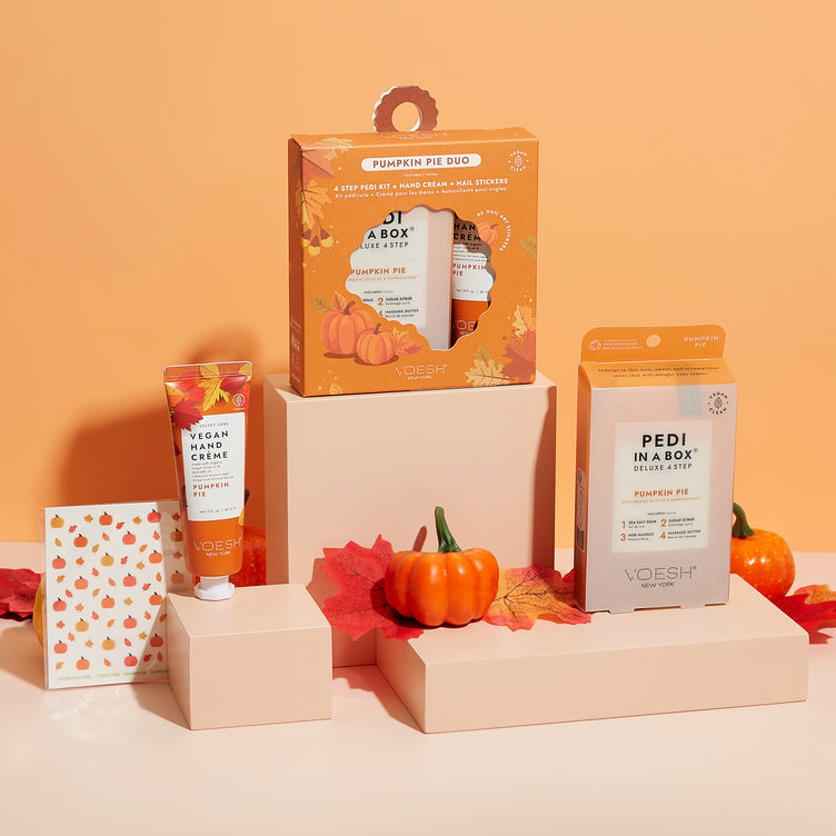 Pumpkin Pie Duo includes Pumpkin Pie Pedi in a Box 4 Step, Vegan Hand Creme, and Nail Stickers 