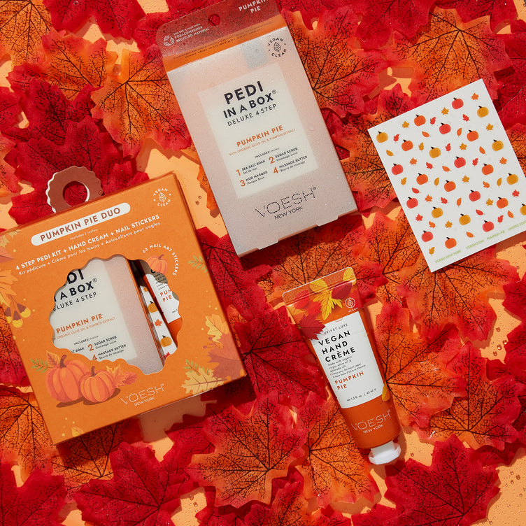 Pumpkin Pie Duo includes Pumpkin Pie Pedi in a Box 4 Step, Vegan Hand Creme, and Nail Stickers 