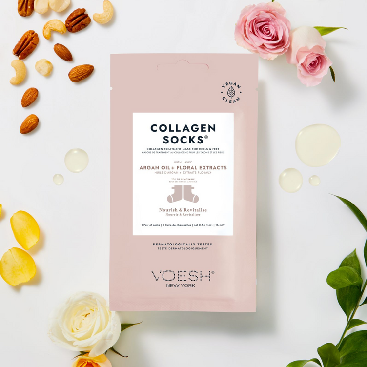 Collagen Socks with various nuts and flowers in the background