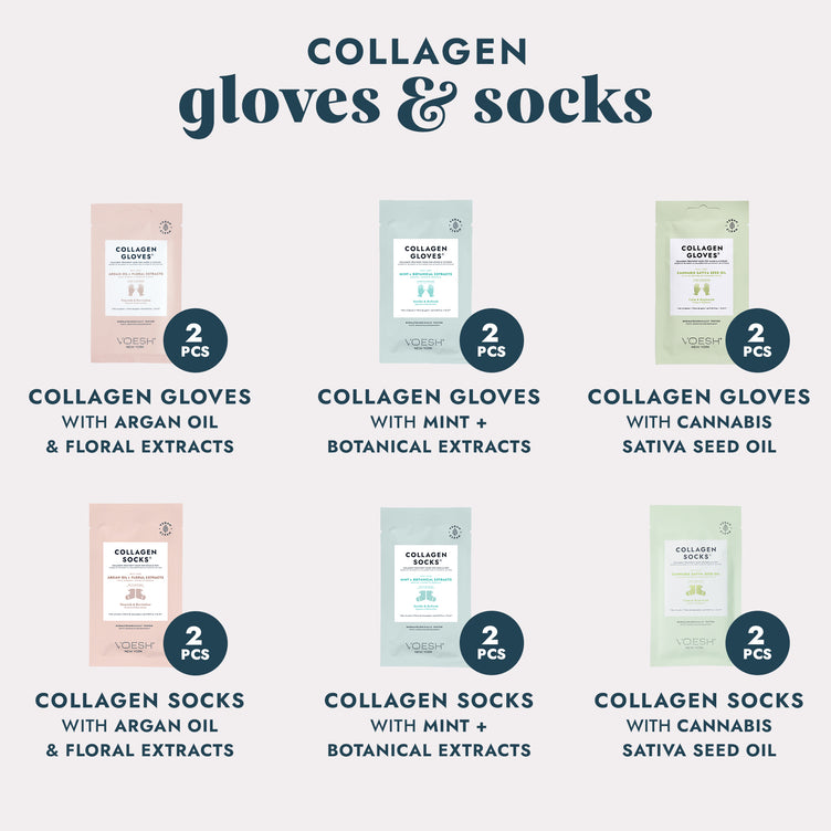 Collagen Gloves with Argan Oil & Floral Extracts, Collagen Gloves with Mint & Botanical Extracts, Collagen Gloves with Cannabis Sativa Seed Oil, Collagen Socks with Argan Oil & Floral Extracts, Collagen Socks with Mint & Botanical Extracts, and Collagen Socks with Cannabis Sativa Seed Oil on a grey background.