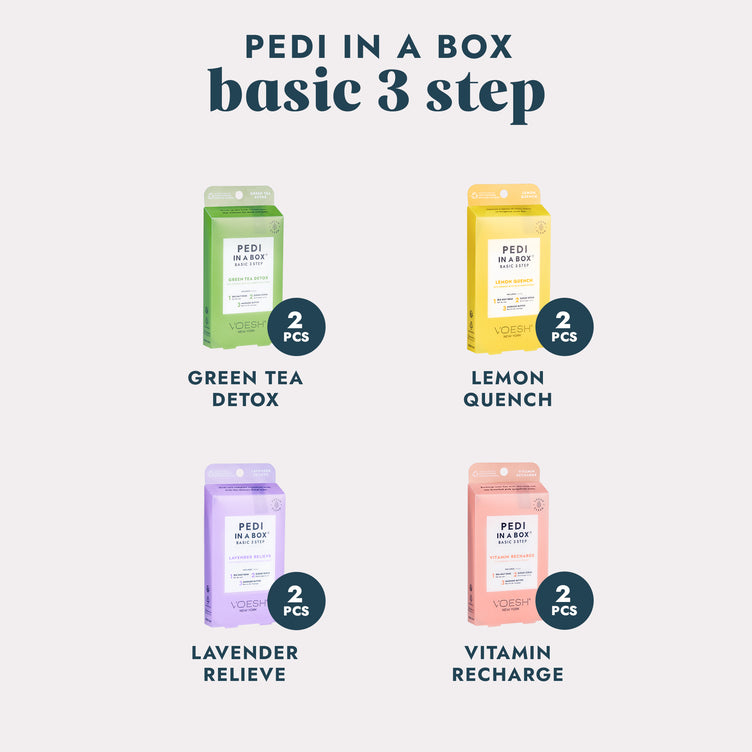 Pedi in a Box Basic 3 Step Green Tea Detox, Pedi in a Box Basic 3 Step Lemon Quench, Pedi in a Box Basic 3 Step Lavender Relieve, and Pedi in a Box Basic 3 Step Vitamin Recharge on a grey background.