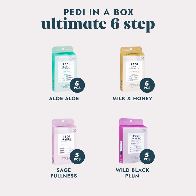 Pedi in a Box Ultimate 6 Step Aloe Aloe, Pedi in a Box Ultimate 6 Step Milk & Honey, Pedi in a Box Ultimate 6 Step Sage Fullness, and Pedi in a Box Ultimate 6 Step Wild Black Plum on a grey background.