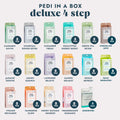 Image of 17 different scents of our Pedi in a Box Deluxe 4 Step pedicure kits.