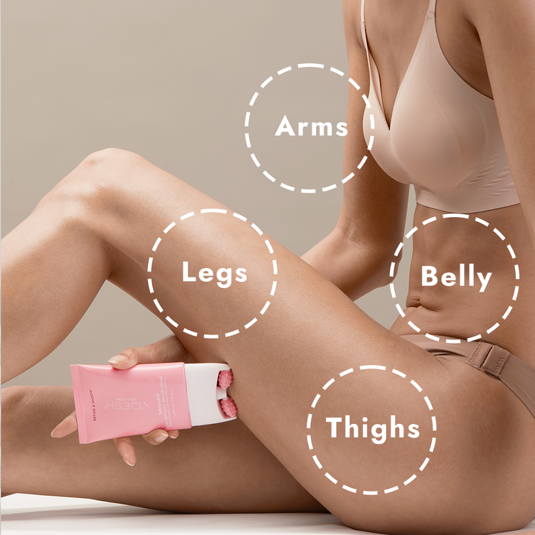 Woman in her bra and underwear holding Smooth’d Body Refining Roller Crème with a diagram of where to use the product, pictured on a tan background.